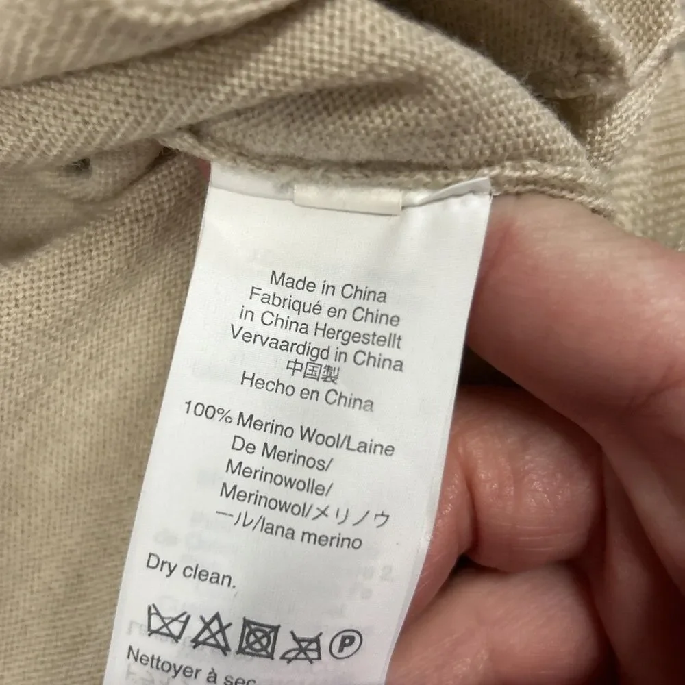 J Crew 100% Merino Wool Full Zip Sweater Mens Large Beige Preppy Pockets